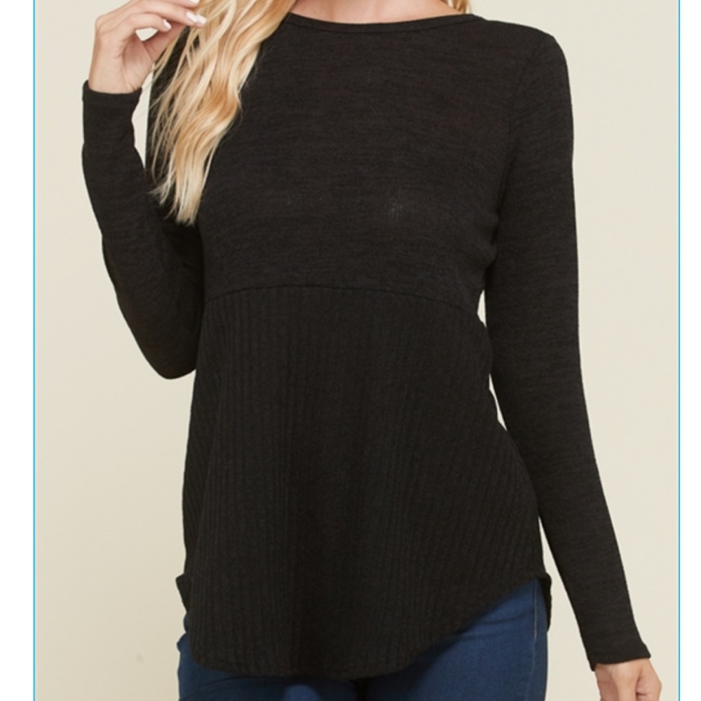 45 Black Long Sleeves Rib Contrast top